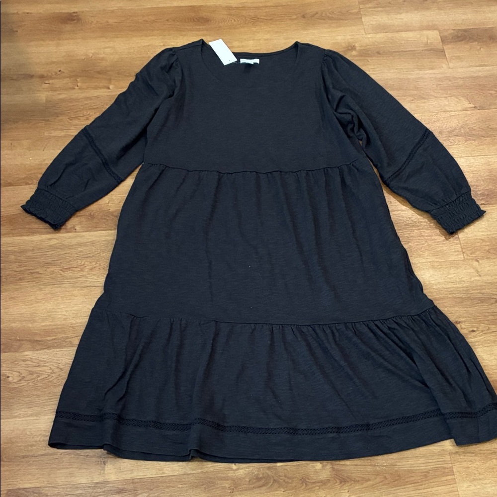 Canyon Retreat Charcoal‎ Grey Scoop Neck Balloon Sleeve Tiered A line Knit Dress